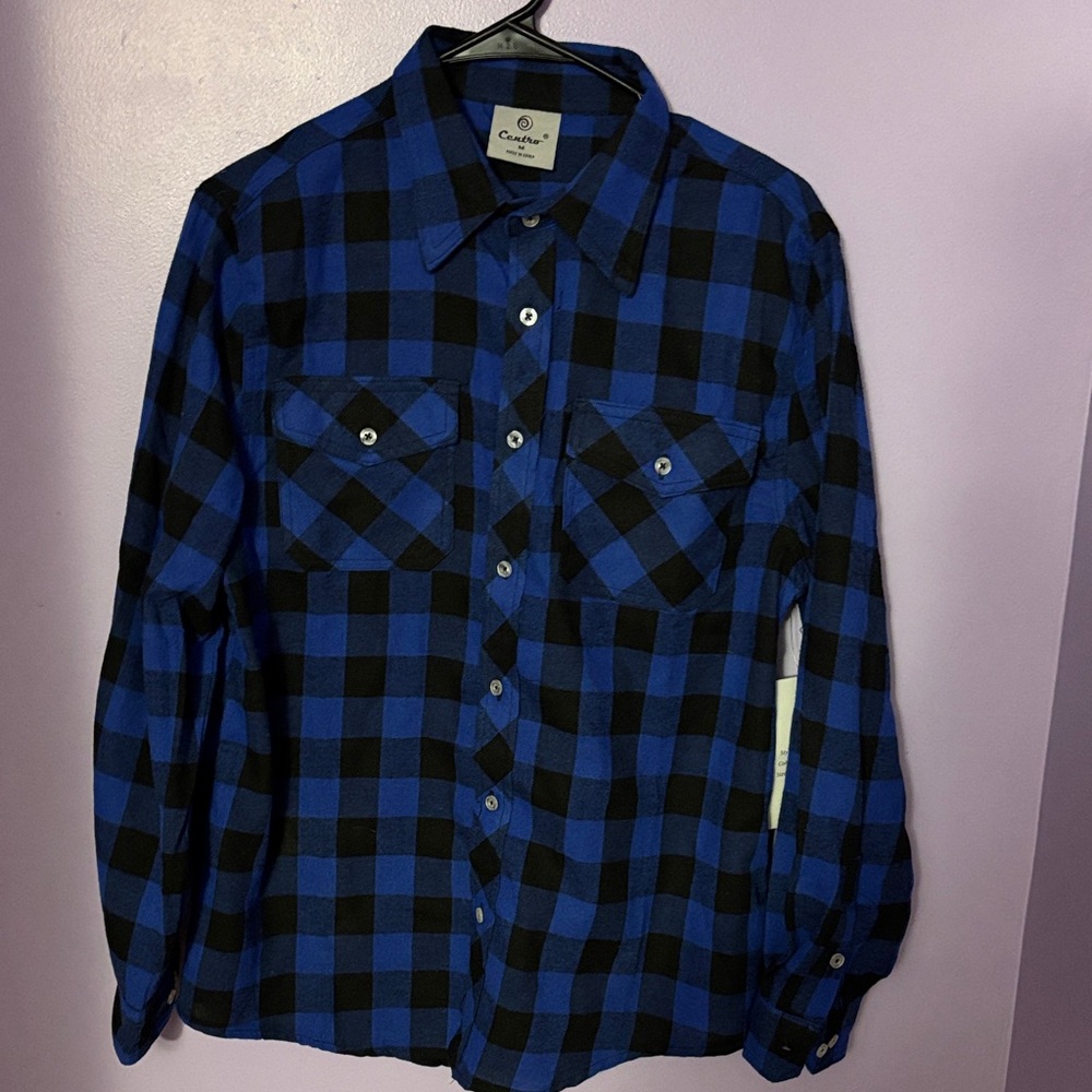 Centro Blue and Black Plaid Men's Shirt Size Medium